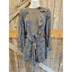 Rebecca Taylor Silk Dress 0 Gray Blue Purple Floral Ruffle Long Sleeve